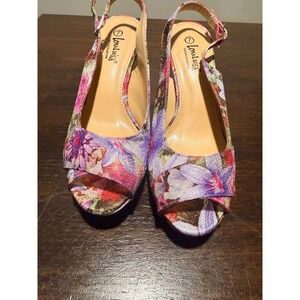 Lena Luisa Floral Slingback‎ Peep Toe Platform Heels Purple Pink Metallic Size 7